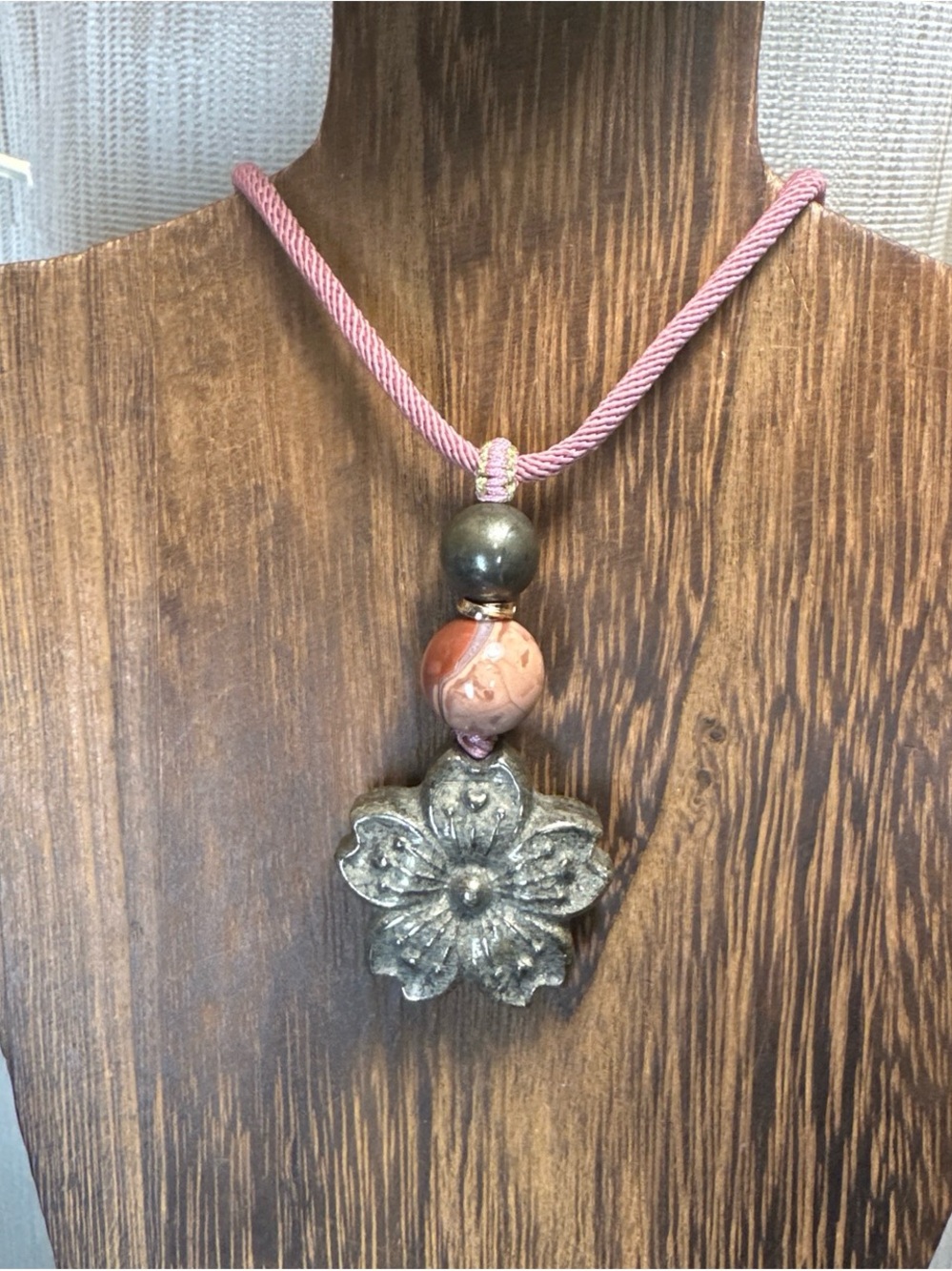Pyrite Daisy Flower Pendant Necklace on Pink Adjustable Rope - Picture 2 of 15